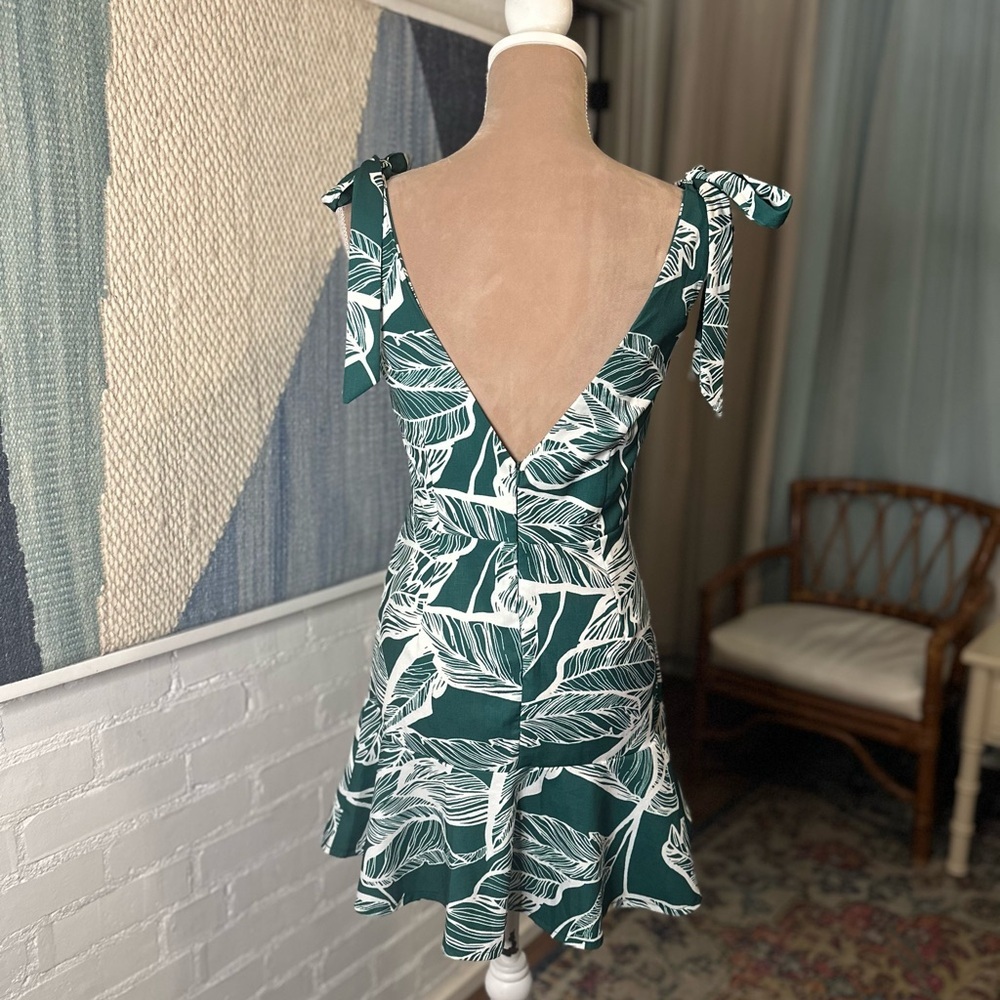 Teal Leaf-Print Tie-Strap Mini Dress - Picture 9 of 12